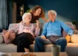 Senior couple discussing living options with daughter
